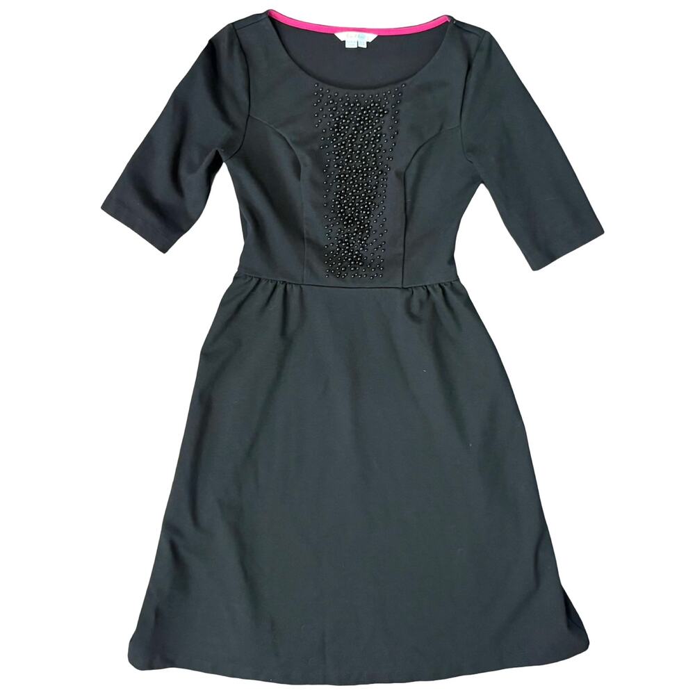 Boden Black Beaded Ponte Isabella Half Sleeve Round Neck Fit and Flare Dress 4 L
